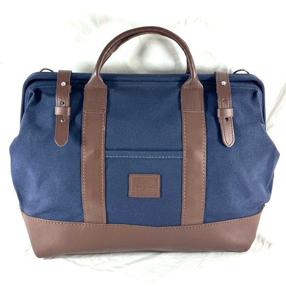 HERITAGE LEATHER Co Navy Blue Canvas & Brown Leather Satchel Bag Made in USA - Picture 1 of 12